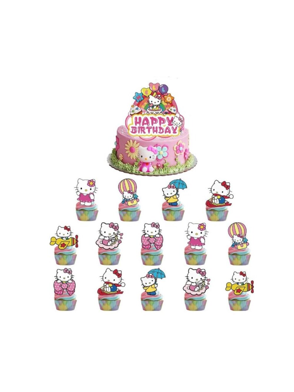 Hello Kitty Birthday Cake & Cupcake Toppers Set 4.72” Cake Topper 3.1” Cupcake T